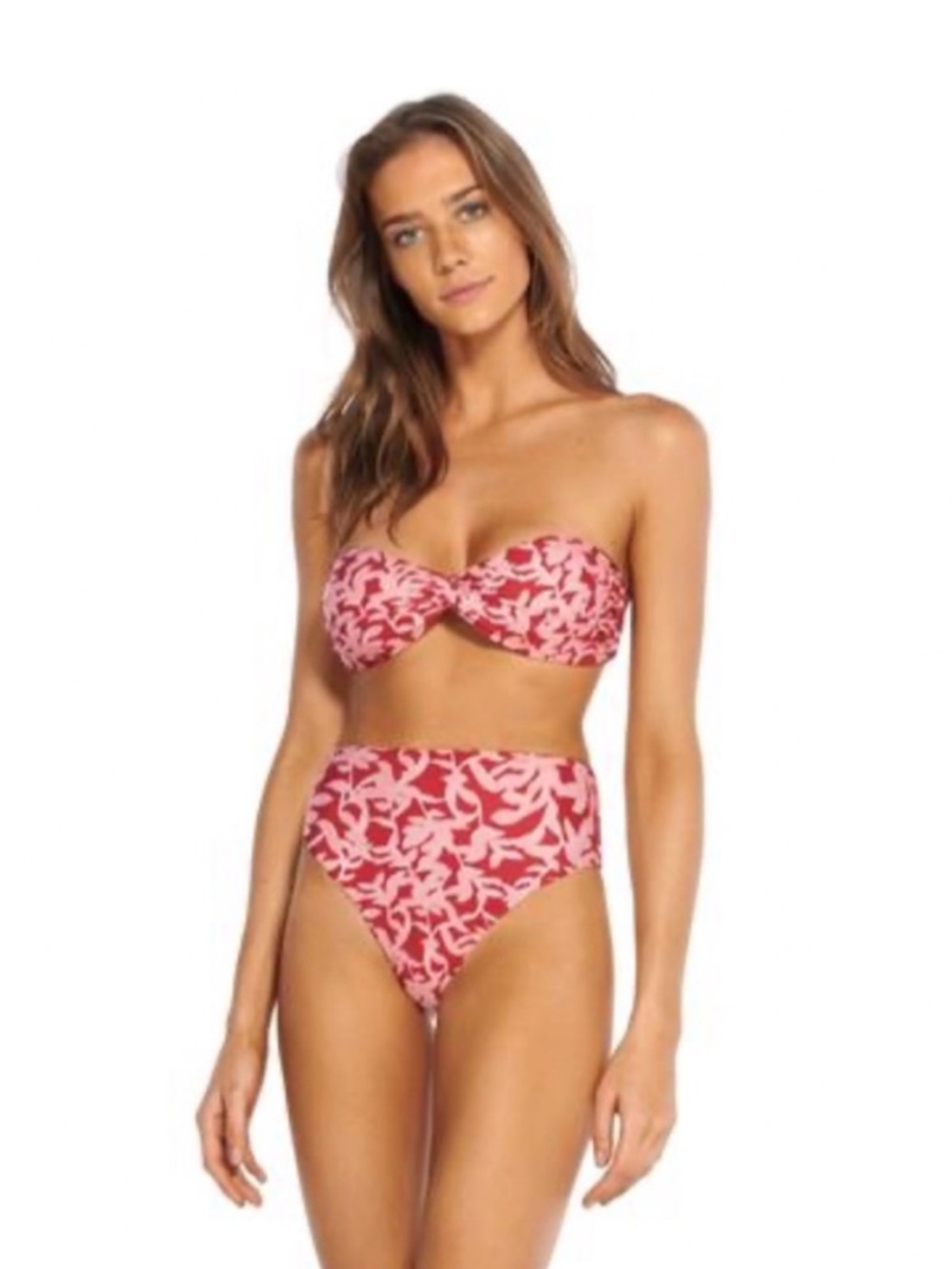Vix Pink Floral Twist Bandeau Top + High-Waist Bottom Bikini Set